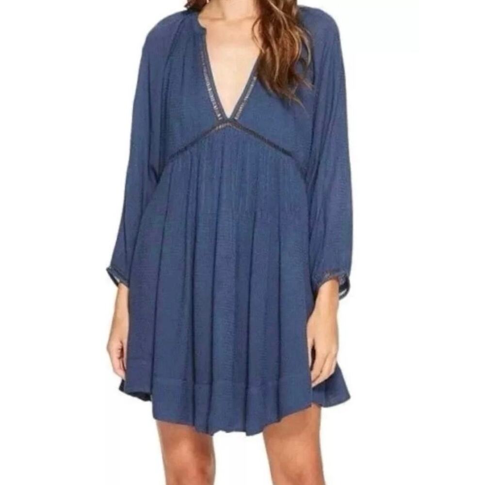 FREE PEOPLE Go Lightly Swing Mini Dress Deep Neck BLUE Dolman Sleeve Size Medium